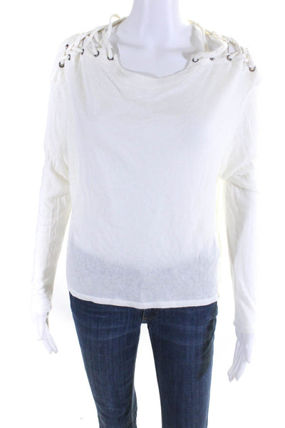 Enza Costa Womens Lace Up Shoulder Long Sleeved Round Neck Blouse White Size XS
