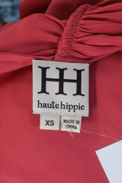 Haute Hippie Womens 100% Silk Long Sleeved Ruffled V Neck Blouse Red Size XS