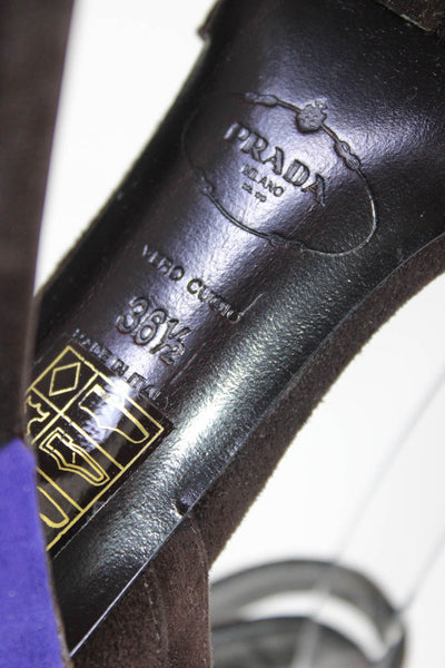 Prada Womens Stiletto Platform Ankle Strap Peep Toe Pumps Brown Suede Size 36.5
