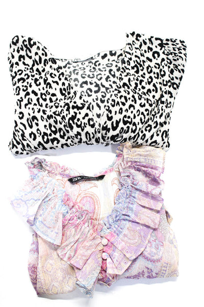 Zara Womens Leopard Paisley Crop Tops White Purple Size XS Small Lot 2