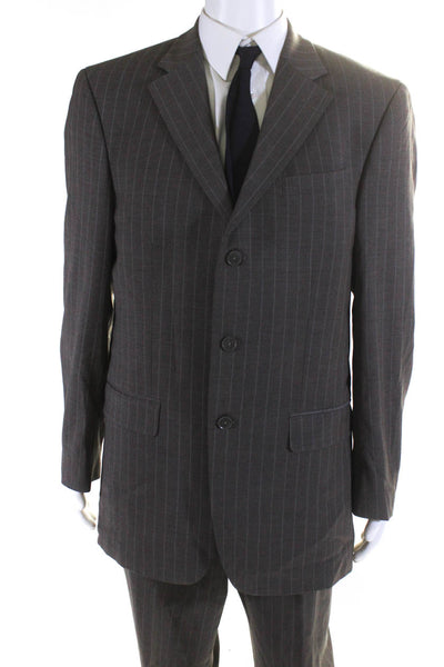 Oscar de la Renta Mens Wool Striped Pleated Pants Blazer Set Brown Size 42