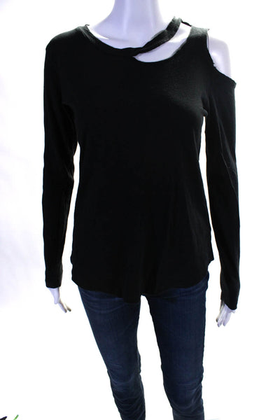 LNA Womens Cotton Cut-Out Cold Shoulder Long Sleeve Pullover Top Black Size S