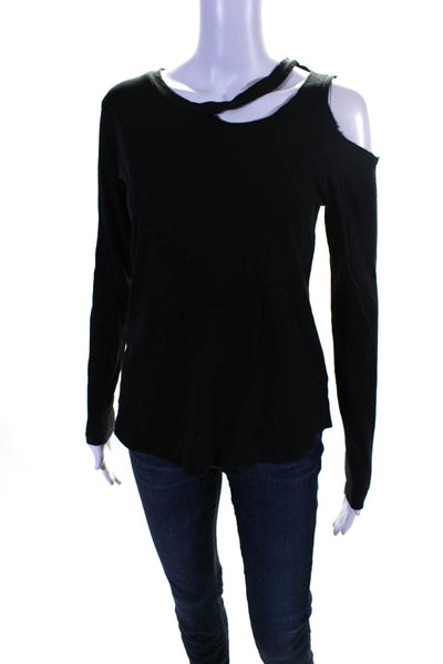 LNA Womens Cotton Cut-Out Cold Shoulder Long Sleeve Pullover Top Black Size S