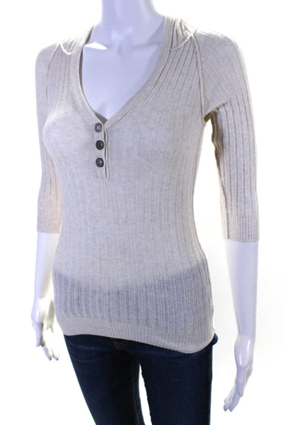 Free People Womens Cotton Ribbed Hem 3/4 Sleeve Hooded Sweater Ivory Size S