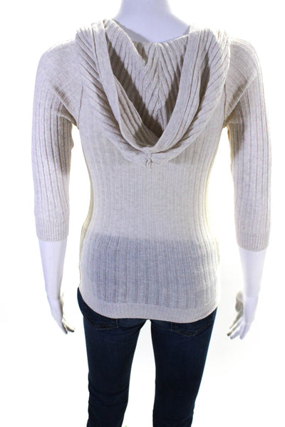Free People Womens Cotton Ribbed Hem 3/4 Sleeve Hooded Sweater Ivory Size S