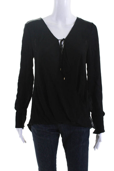 10 Crosby Derek Lam Womens Long Sleeve Tie Neck Surplice Top Blouse Black Size 0