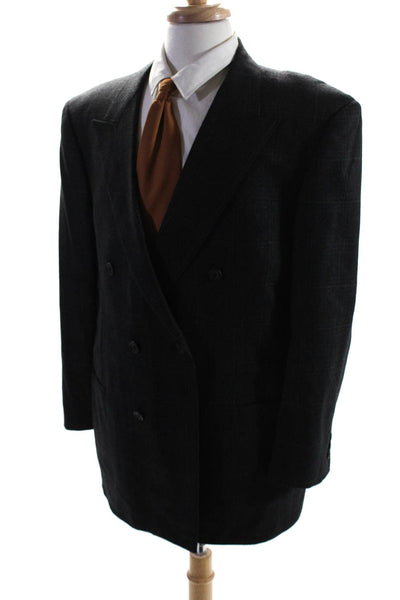 Ermenegildo Zegna Mens Wool Plaid Double Breasted Blazer Jacket Black Size 44