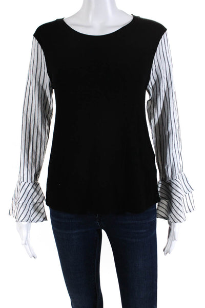 Maude Vivante Womens Cotton Striped Long Flounce Sleeve Blouse Top Black Size S