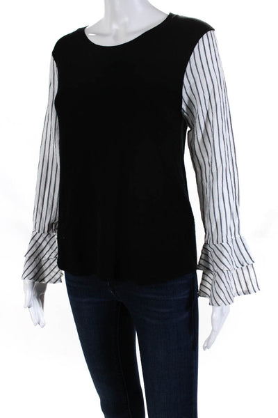 Maude Vivante Womens Cotton Striped Long Flounce Sleeve Blouse Top Black Size S