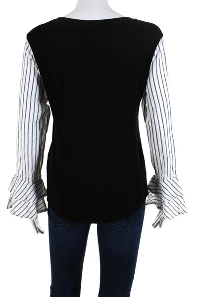 Maude Vivante Womens Cotton Striped Long Flounce Sleeve Blouse Top Black Size S