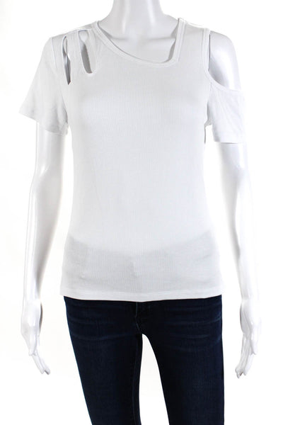 LNA Womens Ribbed Asymmetrical Cutout Short Sleeve Blouse Top White Size Small