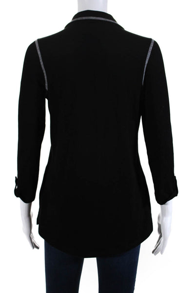 ELI Womens Cotton Knit Collared Long Sleeve Button-Up Blouse Top Black Size XS