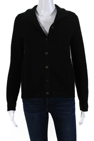 Belford Womens Cotton Ribbed Textured High Neck Cardigan Sweater Black Size XS