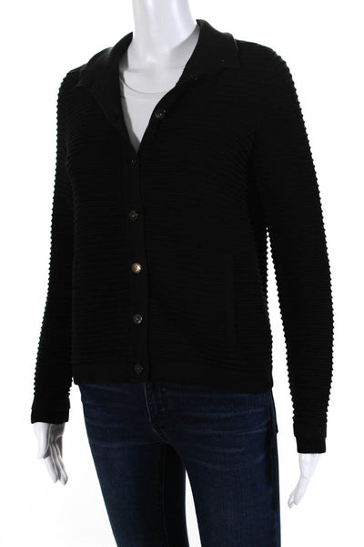 Belford Womens Cotton Ribbed Textured High Neck Cardigan Sweater Black Size XS