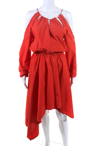 JW Anderson Womens Long Sleeve Cut Out Cold Shoulder Asymmetrical Dress Red 4