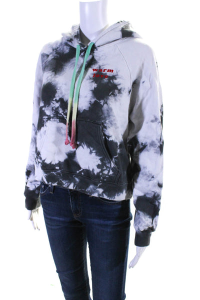 Warm Fun Womens Cotton Tie-Dye Print Drawstring Pullover Hoodie White Size S