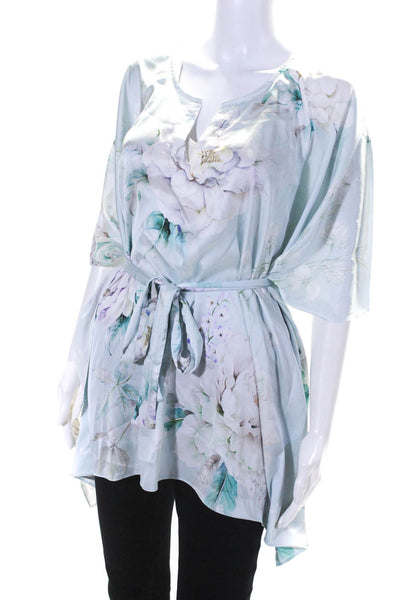 Wrap Up By VP Womens 3/4 Sleeve Floral Printed Satin Wrap Top Blue Size S/M