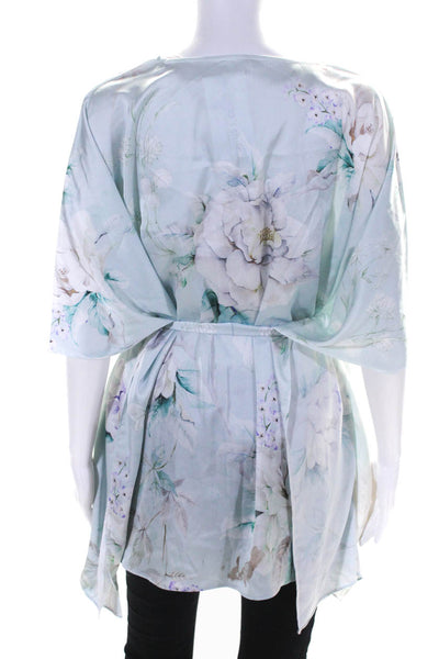 Wrap Up By VP Womens 3/4 Sleeve Floral Printed Satin Wrap Top Blue Size S/M