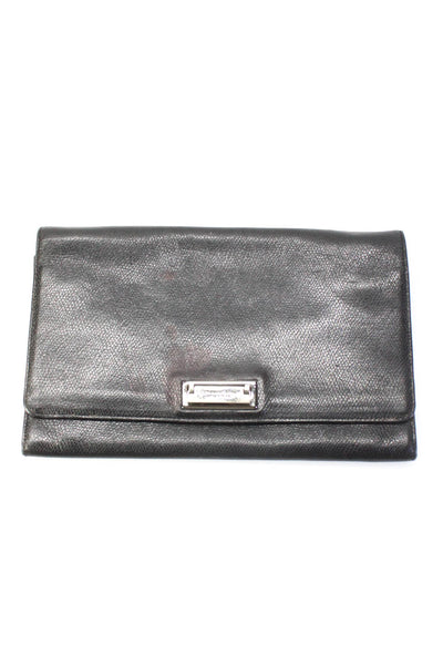 Donna Karan New York Womens Flap Clutch Handbag Black Silver Tone Leather