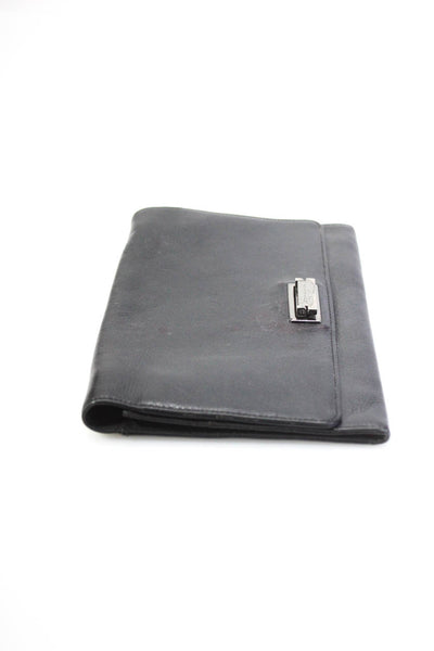 Donna Karan New York Womens Flap Clutch Handbag Black Silver Tone Leather