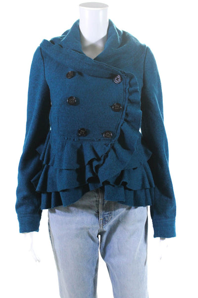 Elevenses Anthropologie Women's Double Breasted Ruffle Trim Jacket Blue Size 4