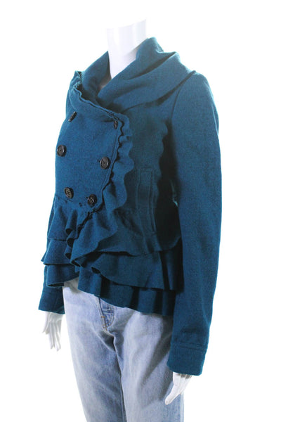 Elevenses Anthropologie Women's Double Breasted Ruffle Trim Jacket Blue Size 4