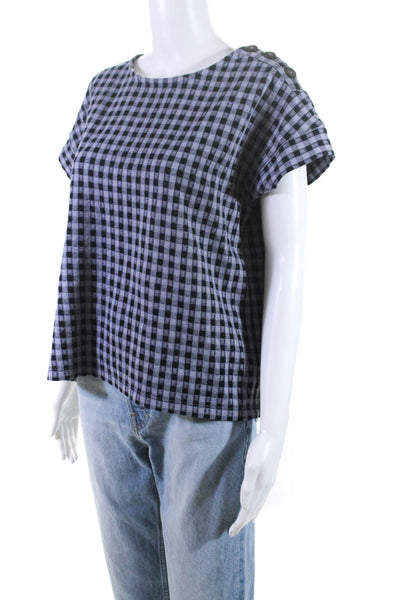 Madewell Womens Cotton Short Sleeve Blue Checkered Blouse Top Lavender Size M