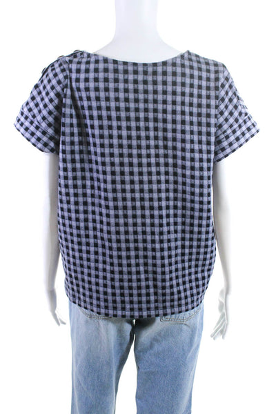 Madewell Womens Cotton Short Sleeve Blue Checkered Blouse Top Lavender Size M