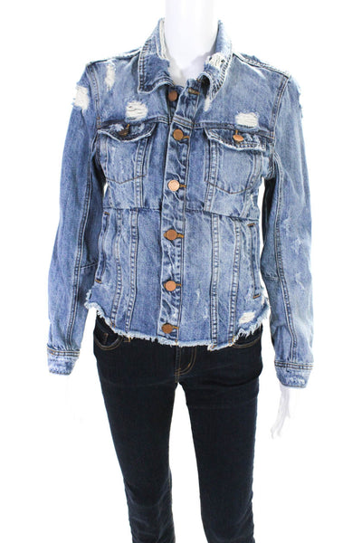 Blank NYC Womens Denim Distressed Collared Button-Up Jean Jacket Blue Size XS