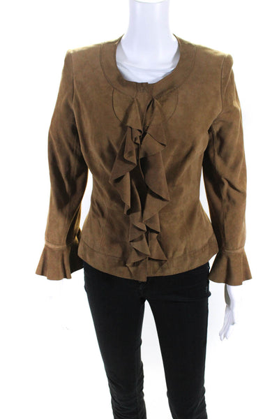 ADEC2 By Phillippe Adec Womens Leather Ruffled Snap Buttoned Jacket Brown Size 4