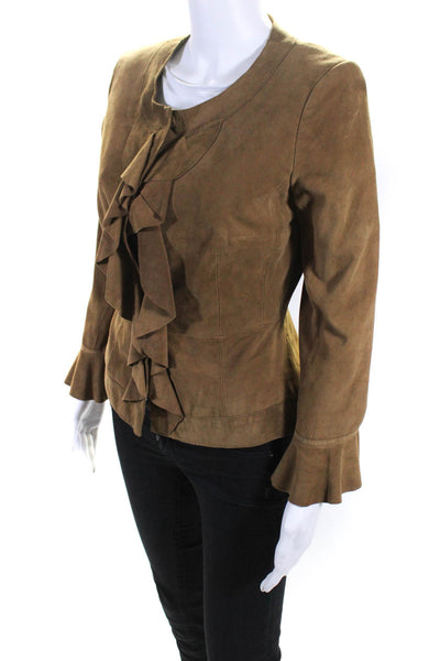 ADEC2 By Phillippe Adec Womens Leather Ruffled Snap Buttoned Jacket Brown Size 4