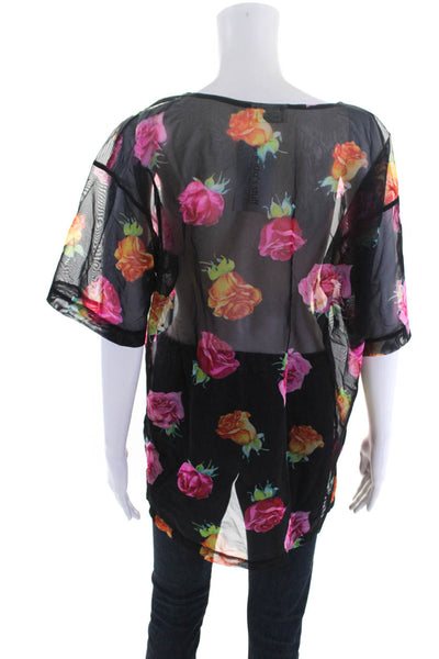 Gottex Womens Mesh Floral Print Boat Neck Short Sleeve Tunic Black Pink Size M