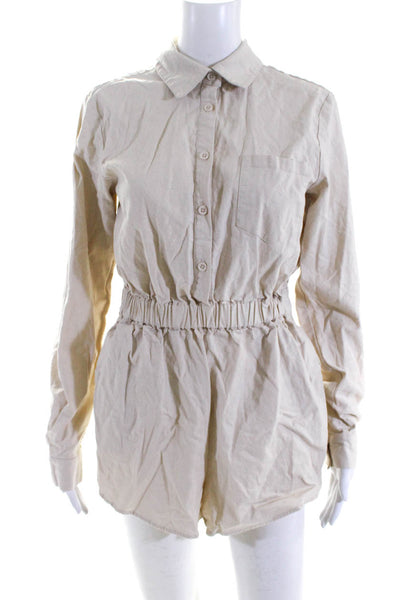LPA Womens Button Front Long Sleeve Collared Linen Romper White Size Small