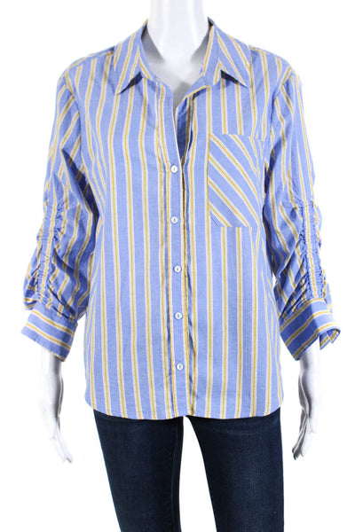 Heartloom Womens Cotton Striped Collared Long Sleeve Button-Up Top Blue Size XS
