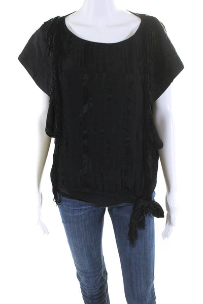 BCBG Max Azria Womens Scoop Neck Short Sleeved Beaded Fringe Blouse Black Size S