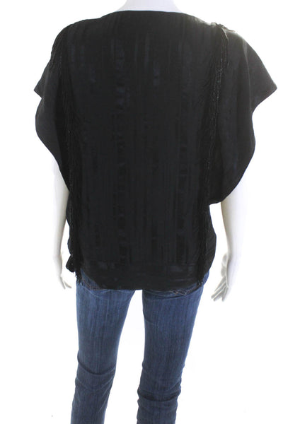 BCBG Max Azria Womens Scoop Neck Short Sleeved Beaded Fringe Blouse Black Size S