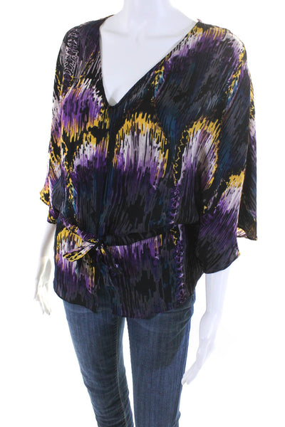 Parker Womens 100% Silk V Neck Half Sleeved Blouse Purple Yellow Black Size XS