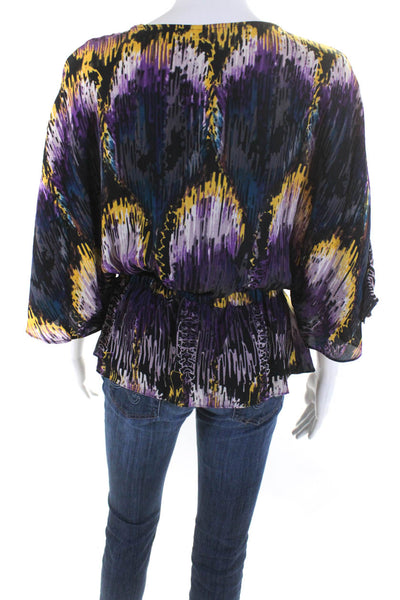 Parker Womens 100% Silk V Neck Half Sleeved Blouse Purple Yellow Black Size XS