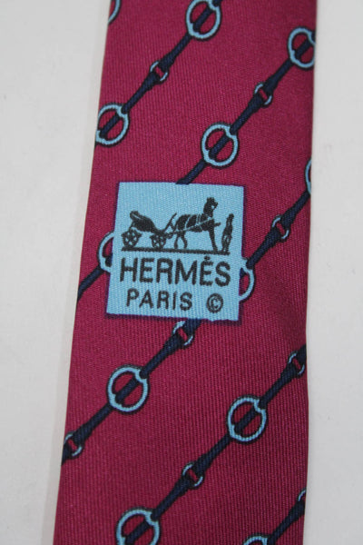 Hermes Mens Classic Width Stirrups Printed Silk Tie Fuschia Blue