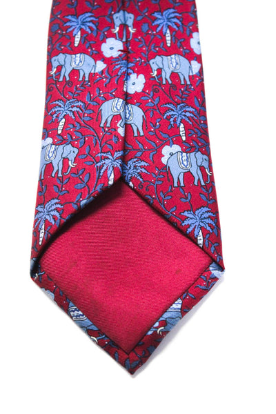 Hermes Mens Classic Width Dotted Elephant Foliage Print Silk Tie Red Blue