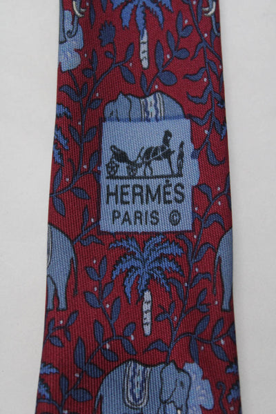 Hermes Mens Classic Width Dotted Elephant Foliage Print Silk Tie Red Blue