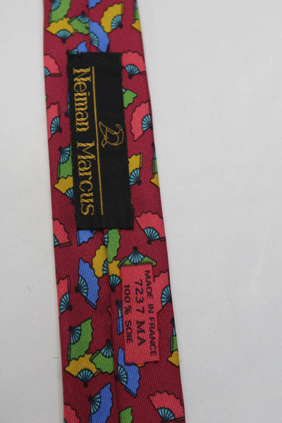 Hermes Mens Classic Width Multicolored Fan Printed Silk Tie Dark Pink