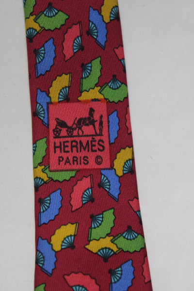 Hermes Mens Classic Width Multicolored Fan Printed Silk Tie Dark Pink
