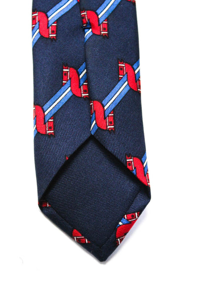 Hermes Mens Classic Width Striped Tube Printed Silk Tie Navy Blue Red White