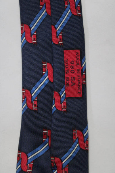 Hermes Mens Classic Width Striped Tube Printed Silk Tie Navy Blue Red White