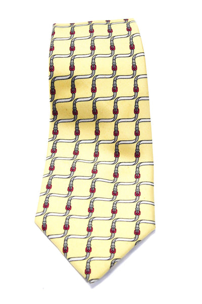 Hermes Mens Classic Width Twisted Buckle Strap Print Silk Tie Yellow Gray Red