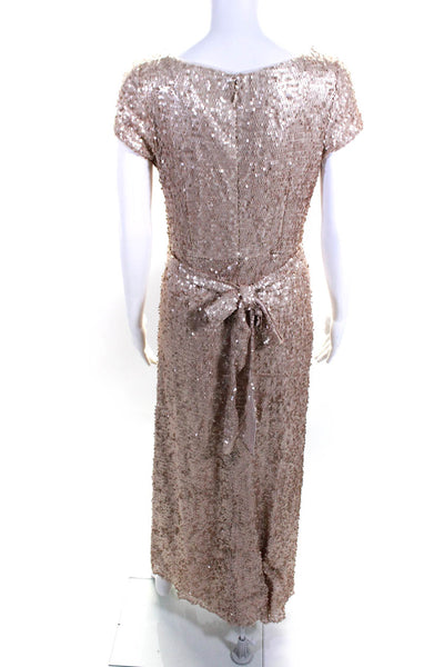 Adrianna Papell Women's Gathered Sequin Boat Neck Short Sleeve Gown Pink Size 8