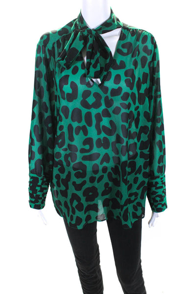 Honore Womens Long Sleeve Tie V Neck Leopard Shirt Top Green Black Size 16