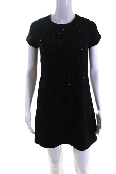 Karta Womens Rhinestone Embellished Short Sleeve Mini Shift Dress Black Size XS