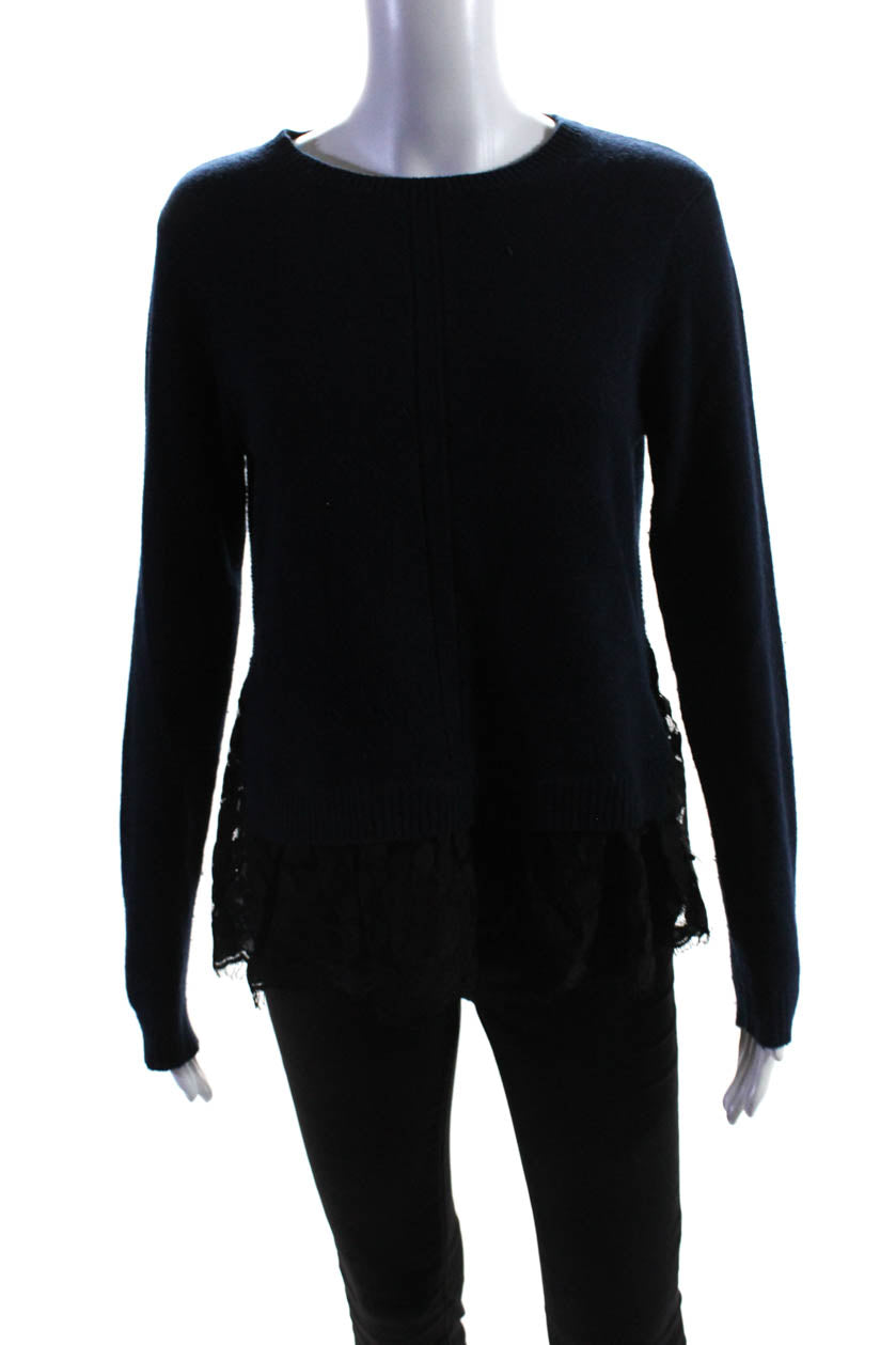 Autumn Cashmere Womens Lace Trim Sweater Navy Blue Black Size